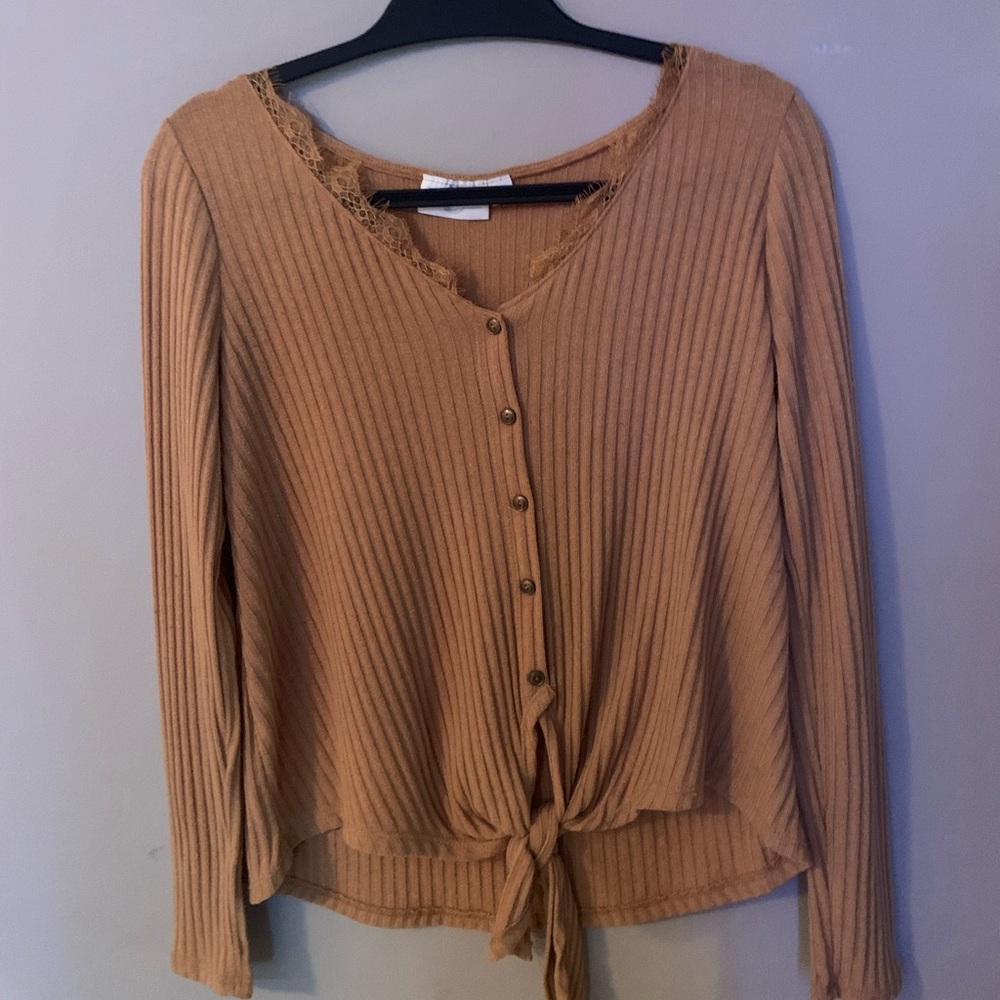 Orange tie in front top, with lace trim